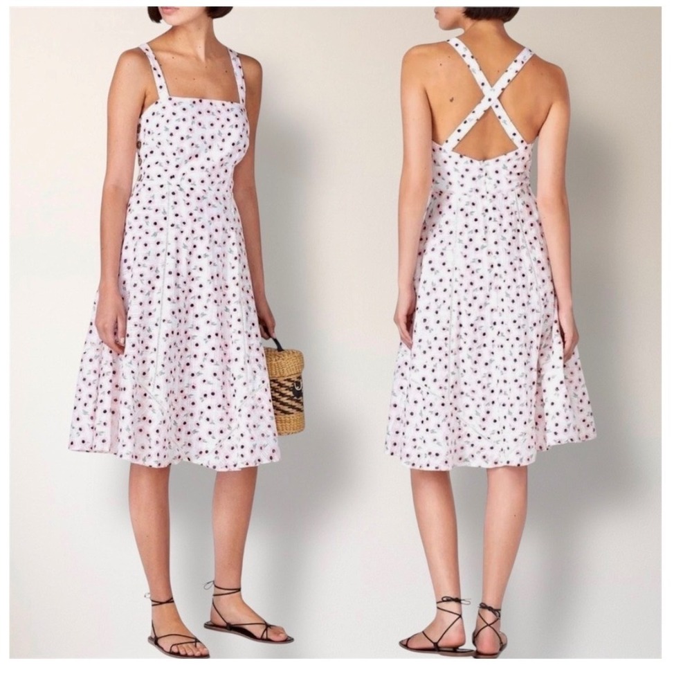 Hutch White Pink Floral Belle Dress Cotton Midi Square Neck‎ Cross Back Size 8